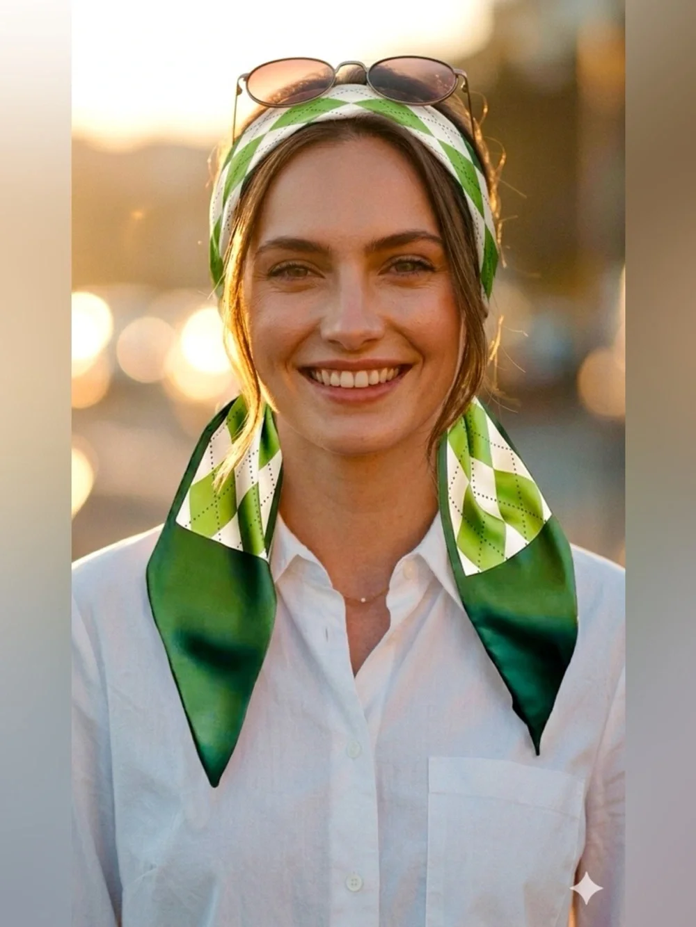 Green Diamond Pattern Silky Satin Scarf – Multi-Use Hair, Neck & Bag Accessory